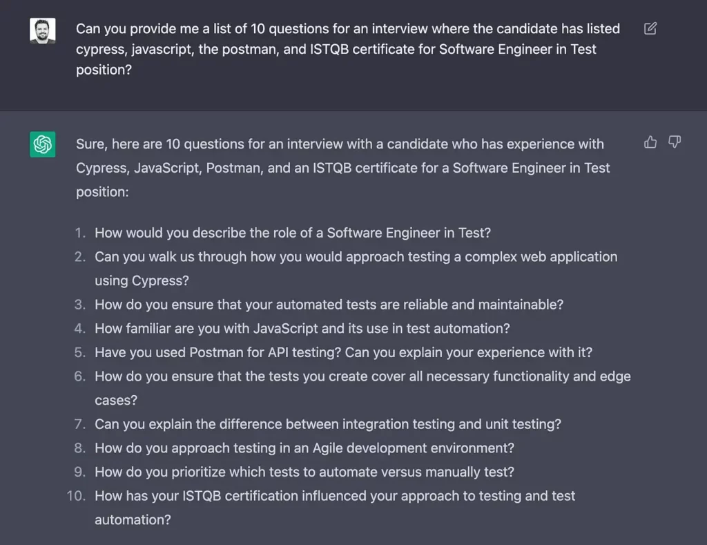 ChatGPT provides a list of questions for an interview.