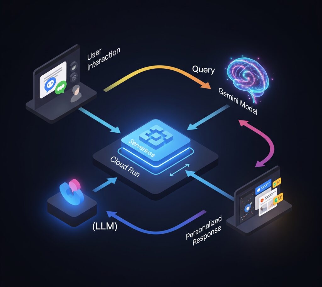 A 3D isometric, futuristic diagram showing the architecture of Assistik.ai. It illustrates the flow from the Google Chat Interface to Cloud Run, then to the Gemini LLM, and back to Google Chat with a personalized response, all highlighted with glowing neon lines.