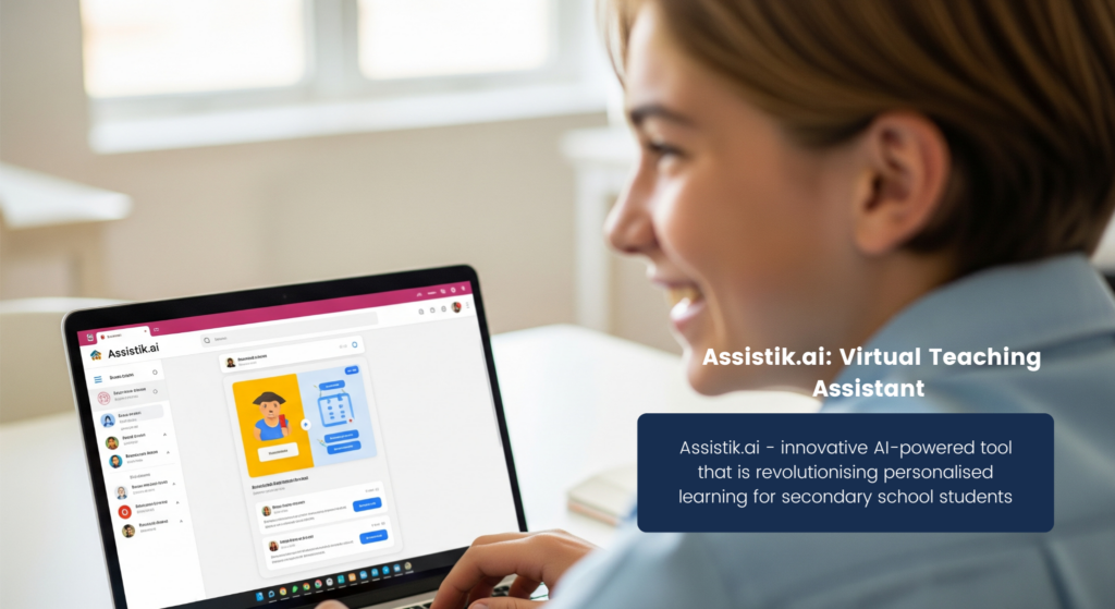 A young student, seen from over the shoulder, smiles while looking at a laptop screen displaying the Assistik.ai application. A bright, modern room is visible in the background.