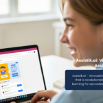 A young student, seen from over the shoulder, smiles while looking at a laptop screen displaying the Assistik.ai application. A bright, modern room is visible in the background.