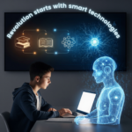 Cover image for an article titled "How is AI Changing Education?". It features a stylized profile of a human head, symbolizing artificial intelligence, filled with educational icons like a book, a lightbulb, and a graduation cap.