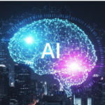 An abstract graphic depicting a combination of artificial intelligence and business strategy, with a central element in the form of a glowing brain or neural network, symbolizing innovation and advanced data analysis.