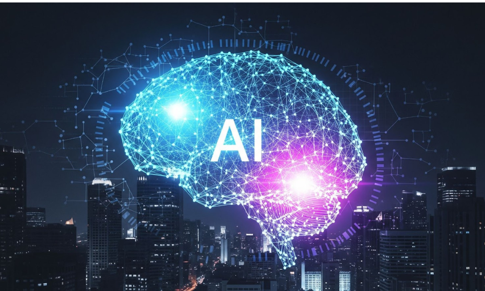 An abstract graphic depicting a combination of artificial intelligence and business strategy, with a central element in the form of a glowing brain or neural network, symbolizing innovation and advanced data analysis.