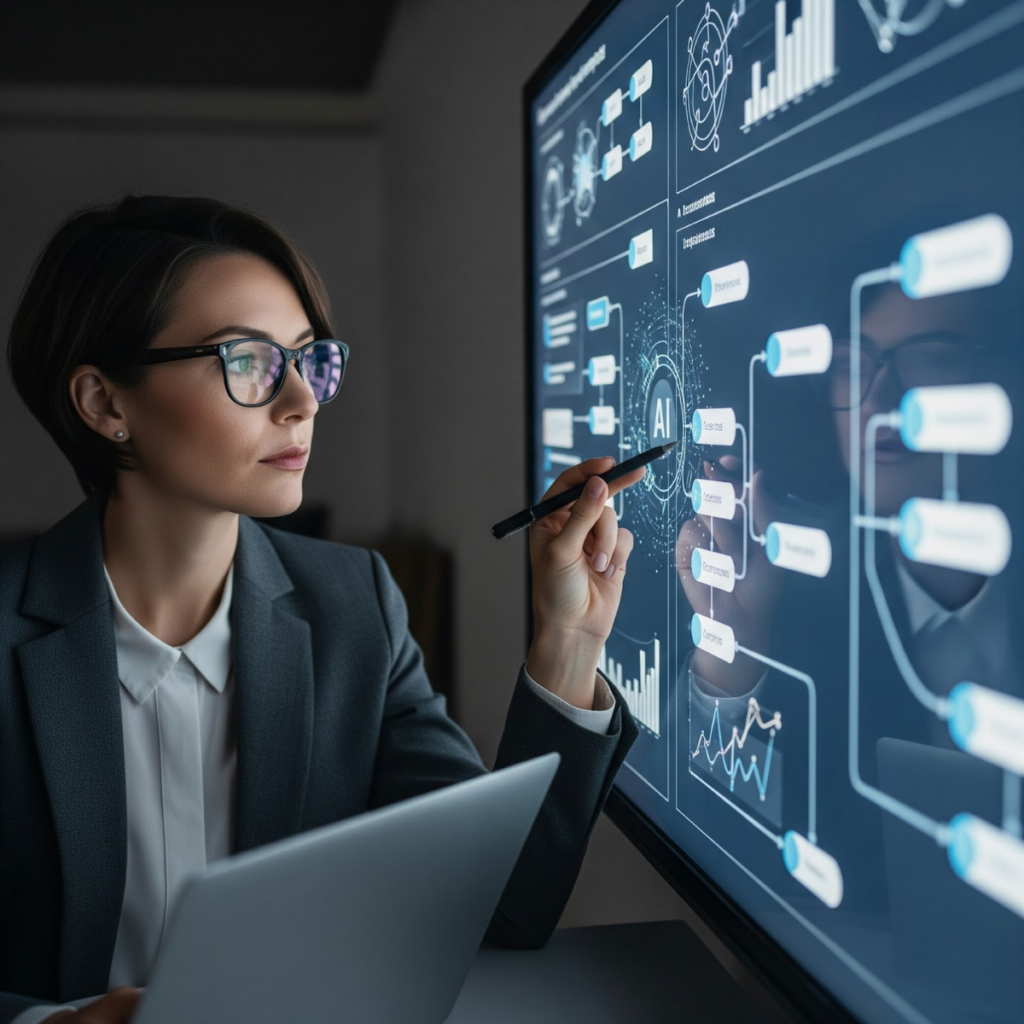 A business analyst plans an AI implementation strategy using an interactive screen with data and process diagrams.