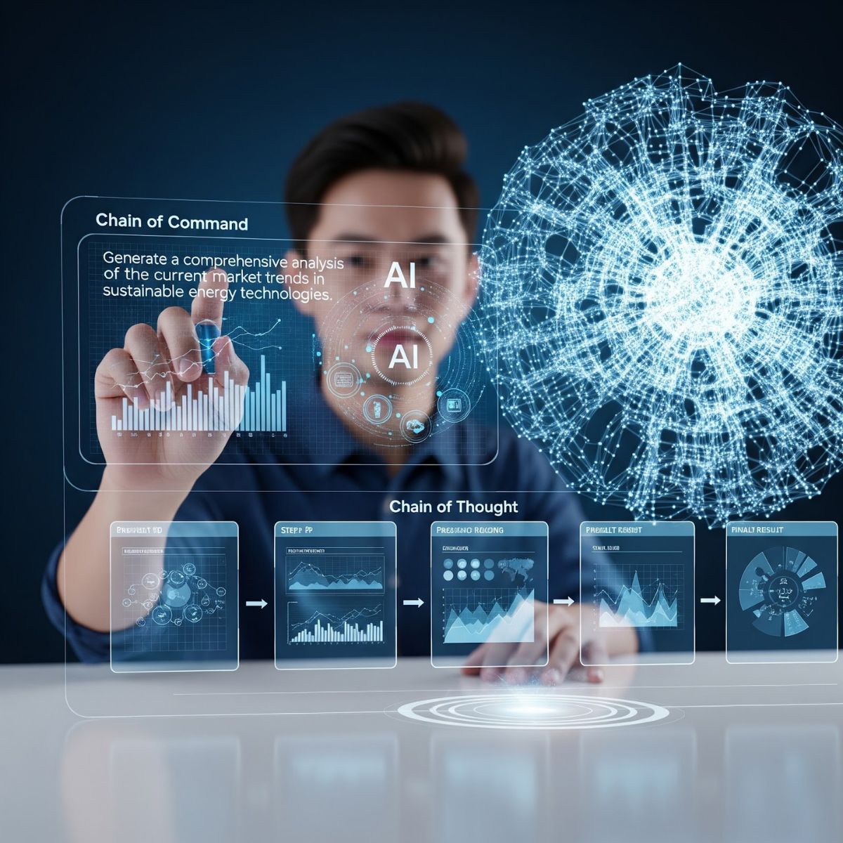 A person creating a precise command on a holographic interface for advanced AI that shows his thought process (Chain of Thought), which symbolizes prompt engineering.